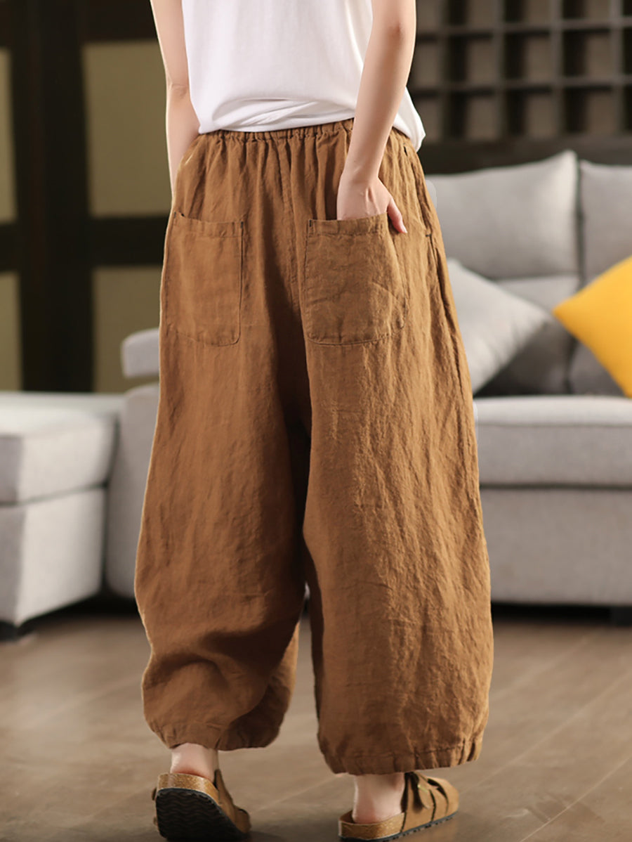 Plus Size Women Summer Casual Pure Color 100%Linen Wide-leg Pants