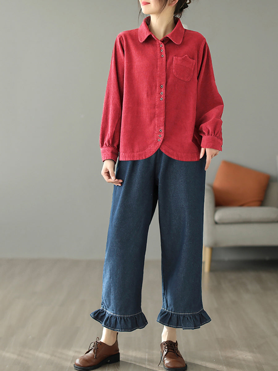 Plus Size Women Autumn Pure Color Turn-down Collar Corduroy Shirt