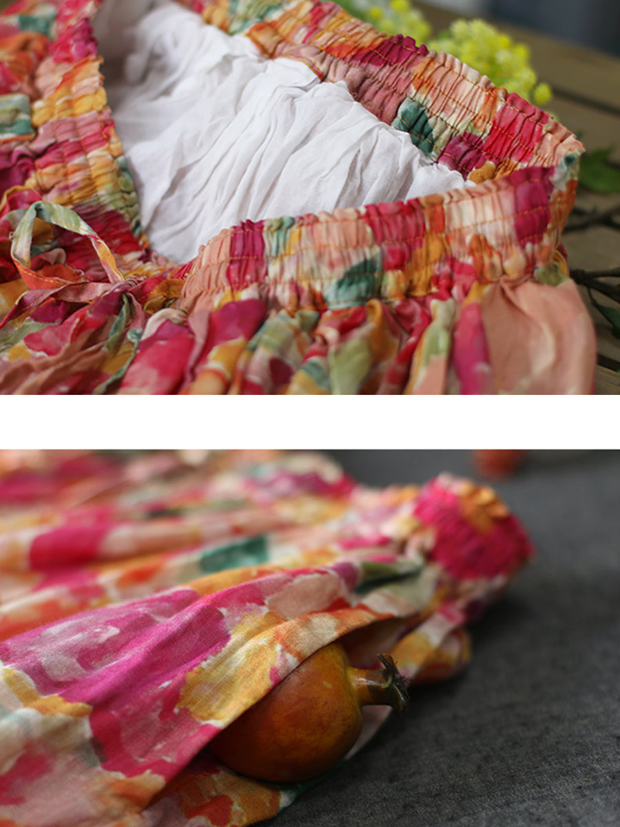 Plus Size Women Summer Artsy Flower Drawstring Ramie Skirt