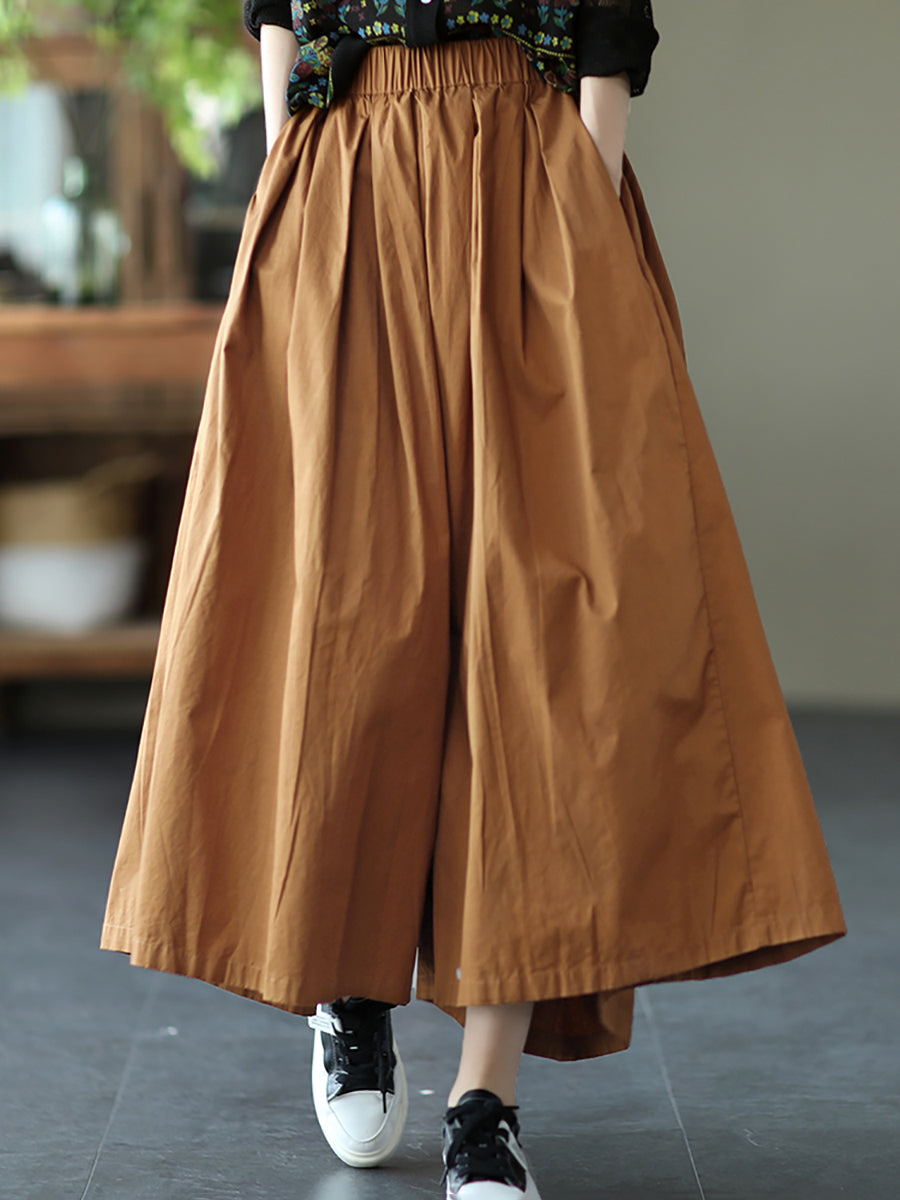 Plus Size Women Summer Solid Pleat Button Pocket Wide-leg Pants