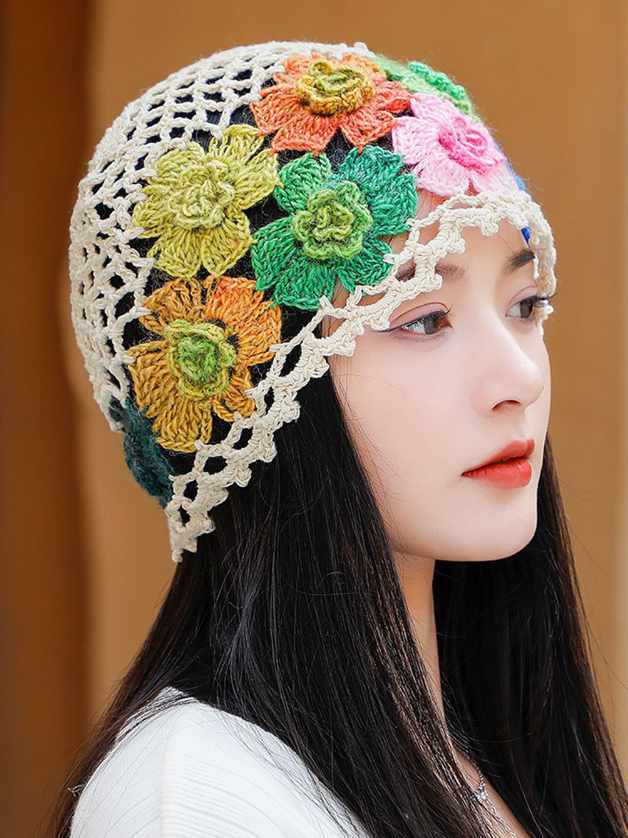 Women Artsy Colorful Flower Knit Hat