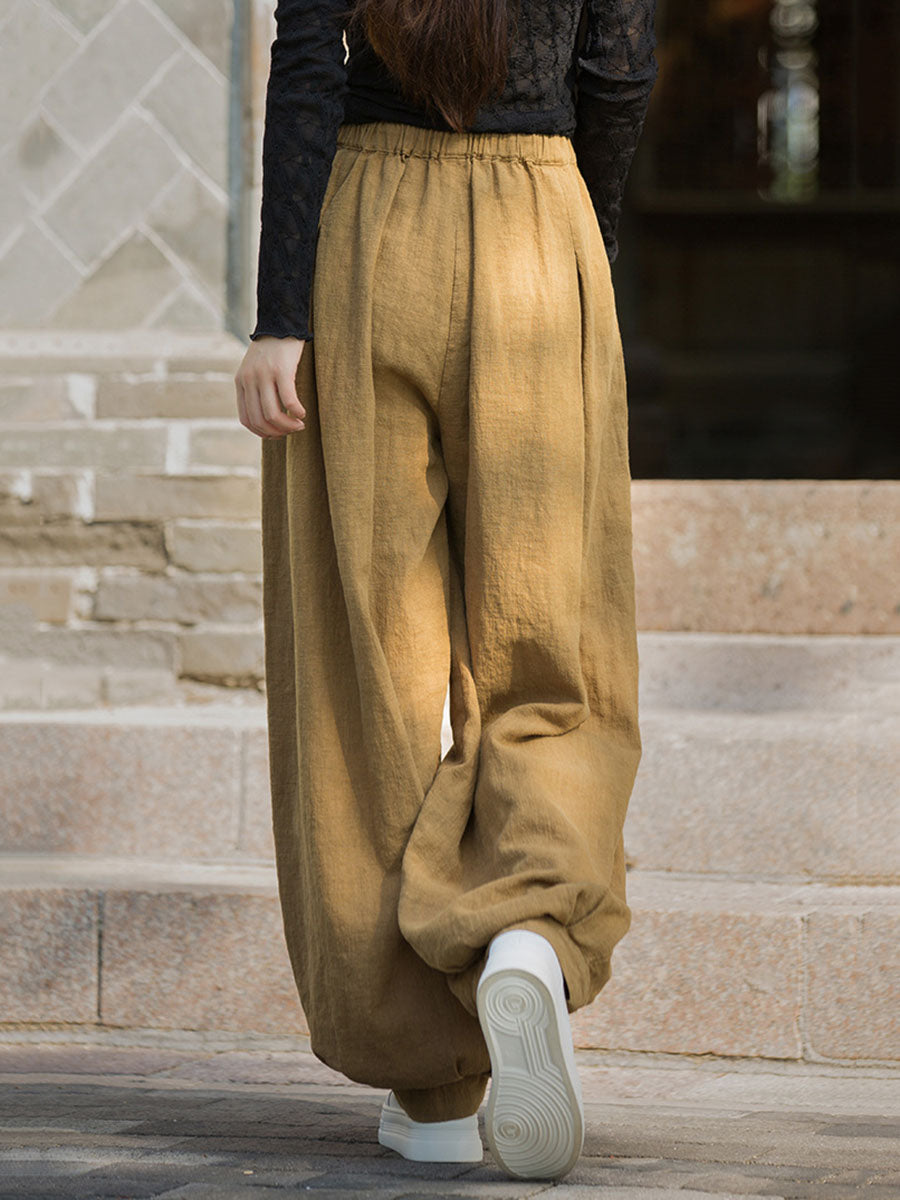 Women Autumn Vintage Solid Ramie Loose Harem Pants
