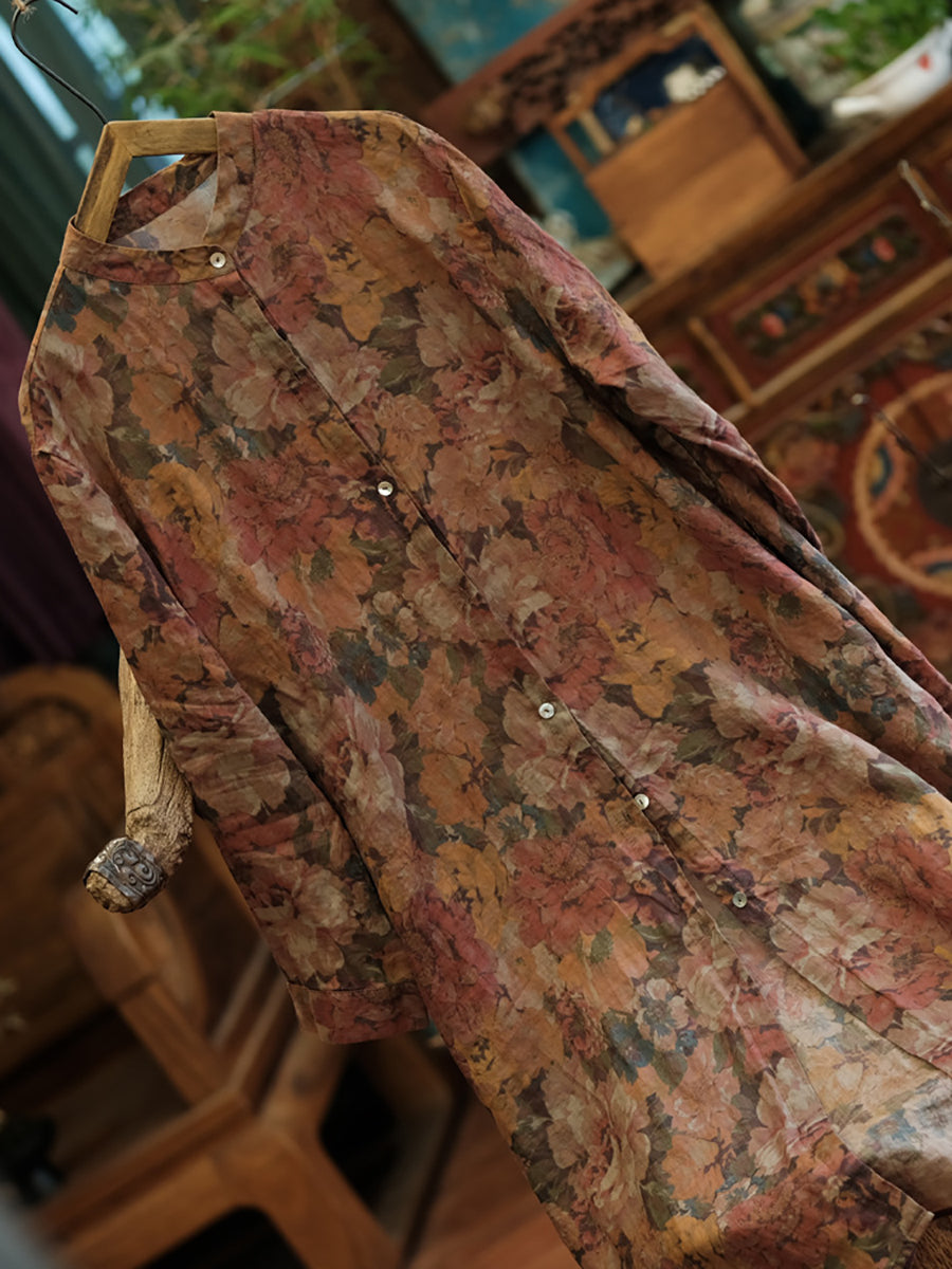Women Vintage Floral Retro Ramie Button-up Long Shirt