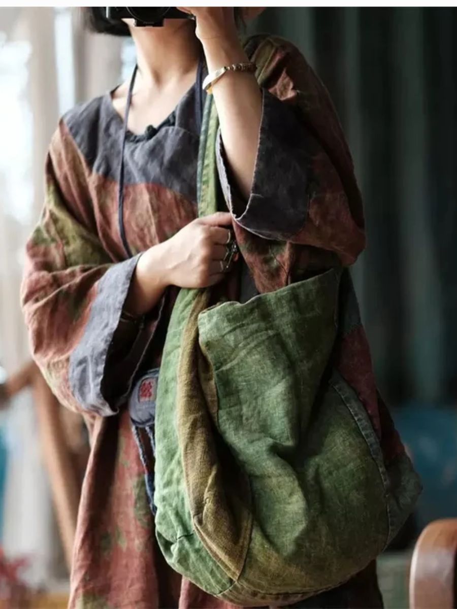 Women Vintage Green Patchwork Cotton Shoulder Bag
