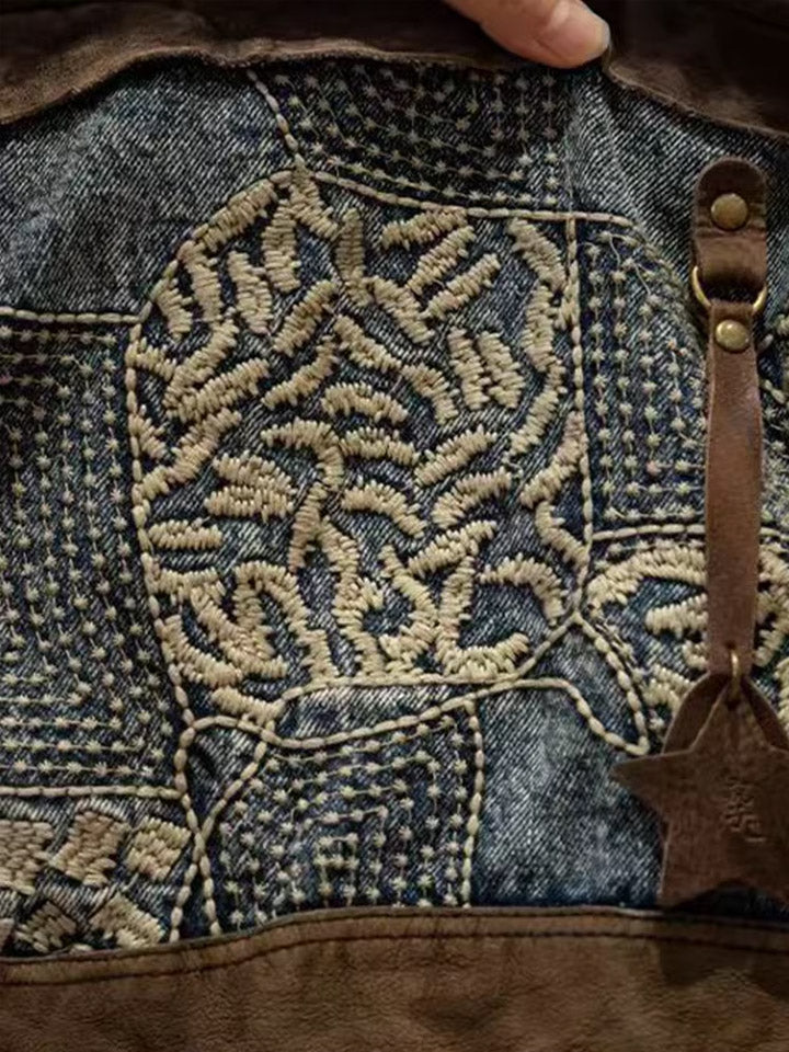 Leather Spliced Ethnic Embroidered Crossbody Bag