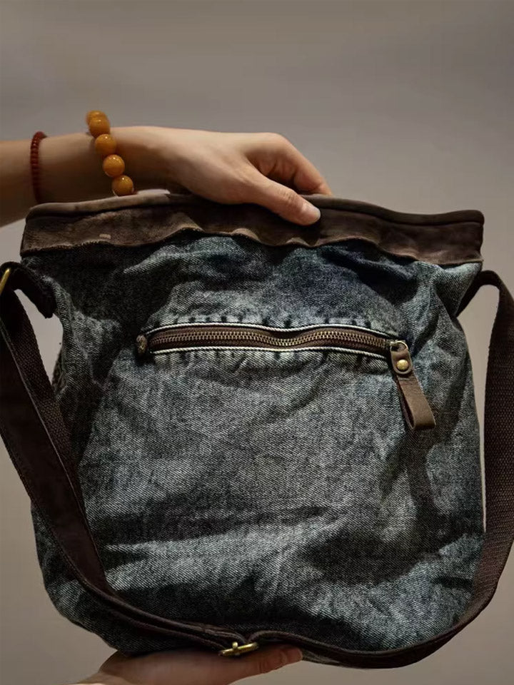 Leather Spliced Ethnic Embroidered Crossbody Bag