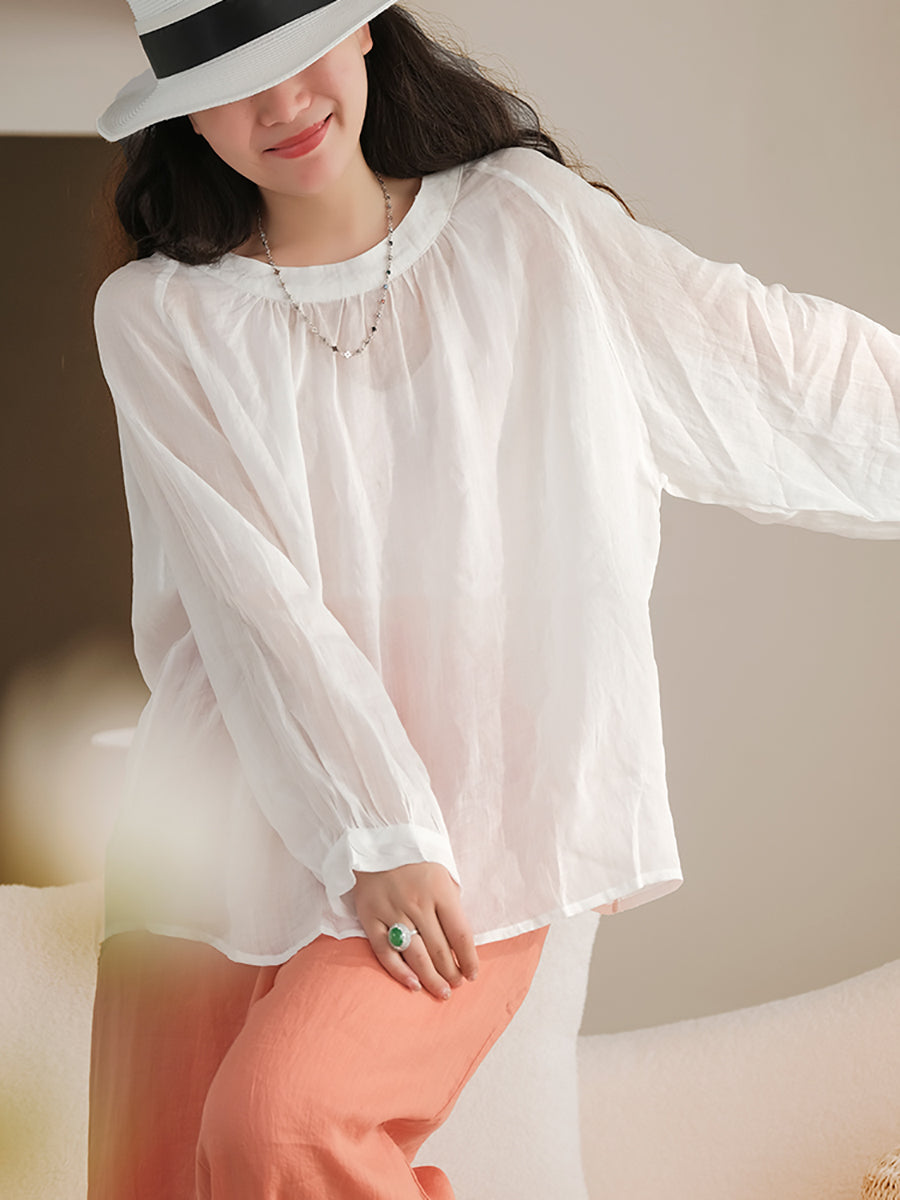 Plus Size Women Summer Solid Vintage Full Sleeve Ramie Blouse