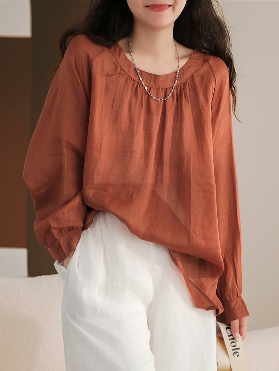 Plus Size Women Summer Solid Vintage Full Sleeve Ramie Blouse