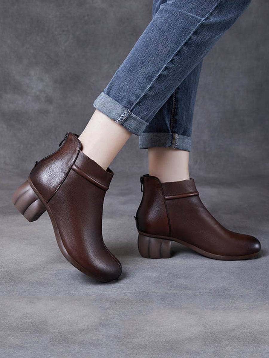 Women Vintage Genuine Leather Mid Heel Ankle Boots
