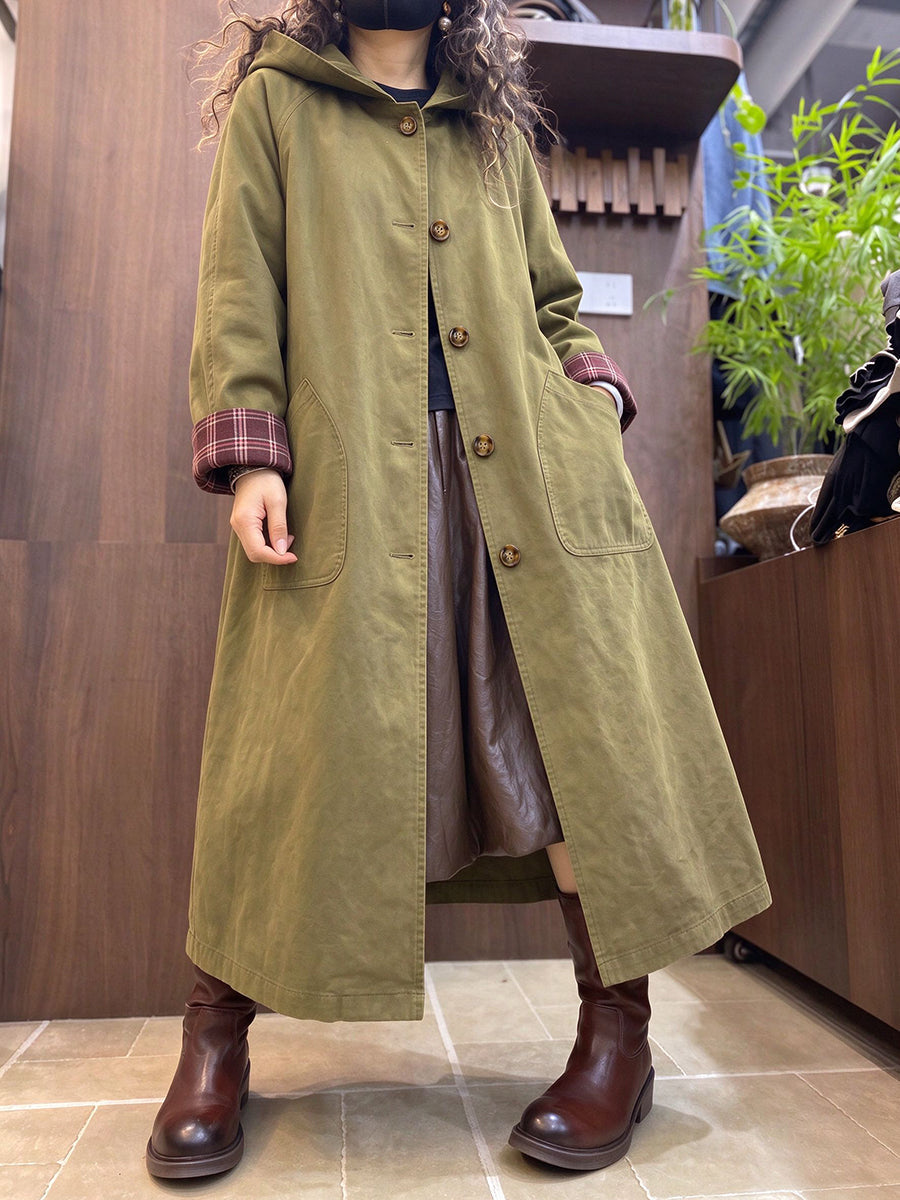 Plus Size Women Autumn Artistic 100% Cotton Hooded Coat