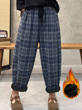 Plus Size Women Vintage Plaid Brushed Fleece-Lined Loose Harem Pants