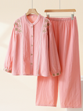 Women Vintage Embroidered Cotton Gauze Pajama Set