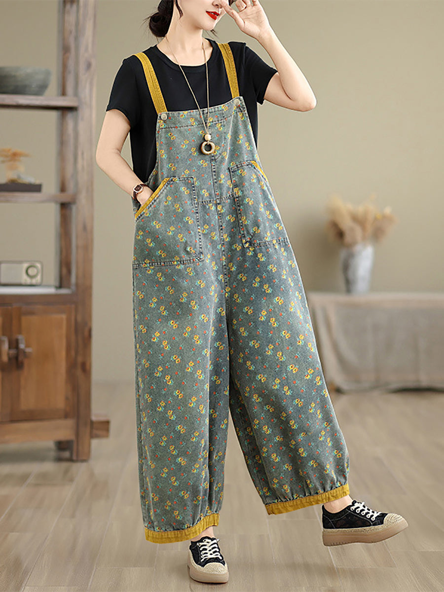 Plus Size Women Summer Casual Floral Denim Wide-leg Jumpsuits