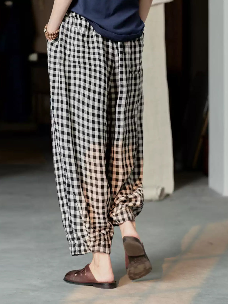 Plus Size Women Spring Casual Plaid Loose Linen Harem Pants