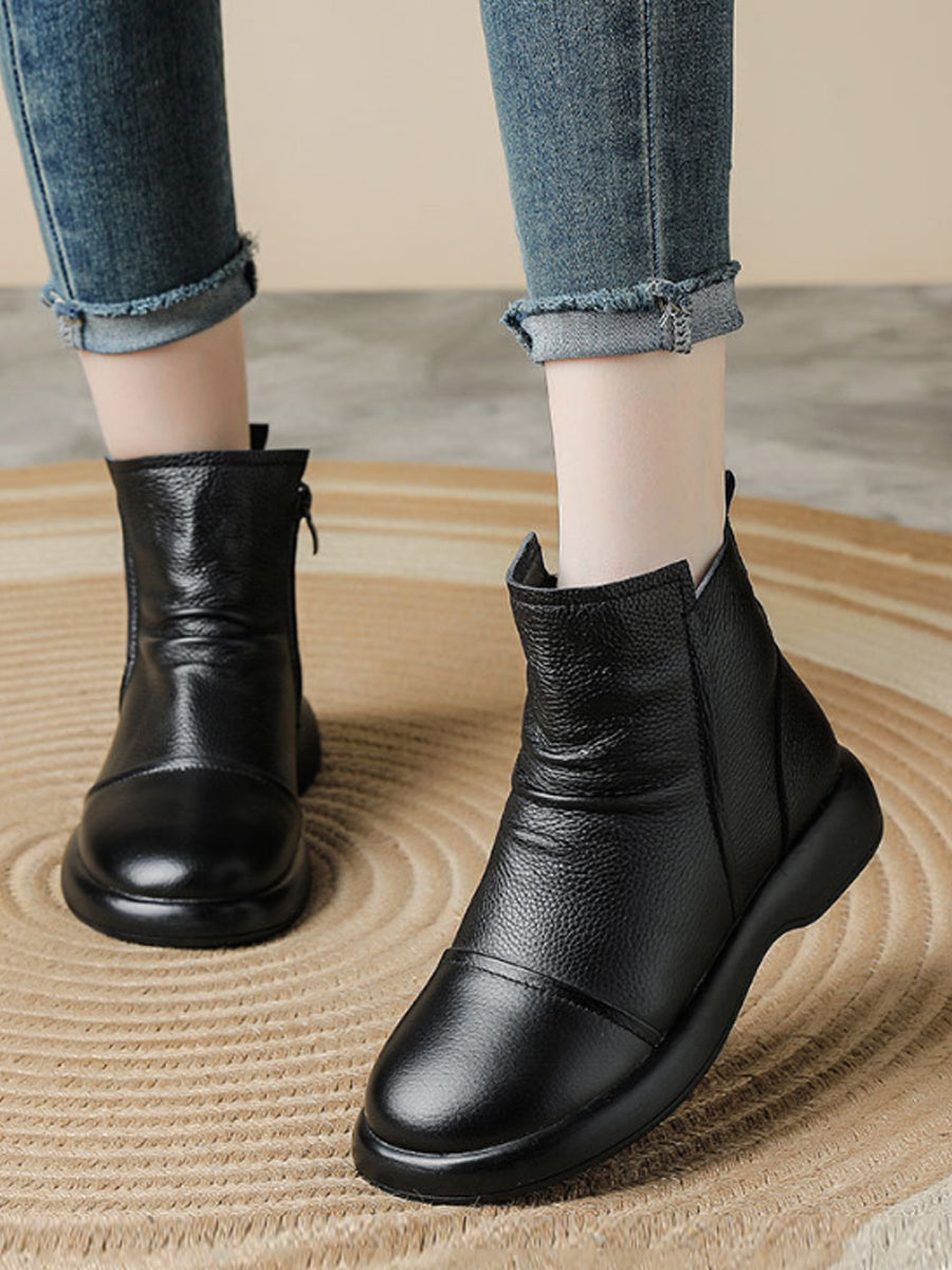 Women Vintage Leather Ruched Soft Ankle Boots