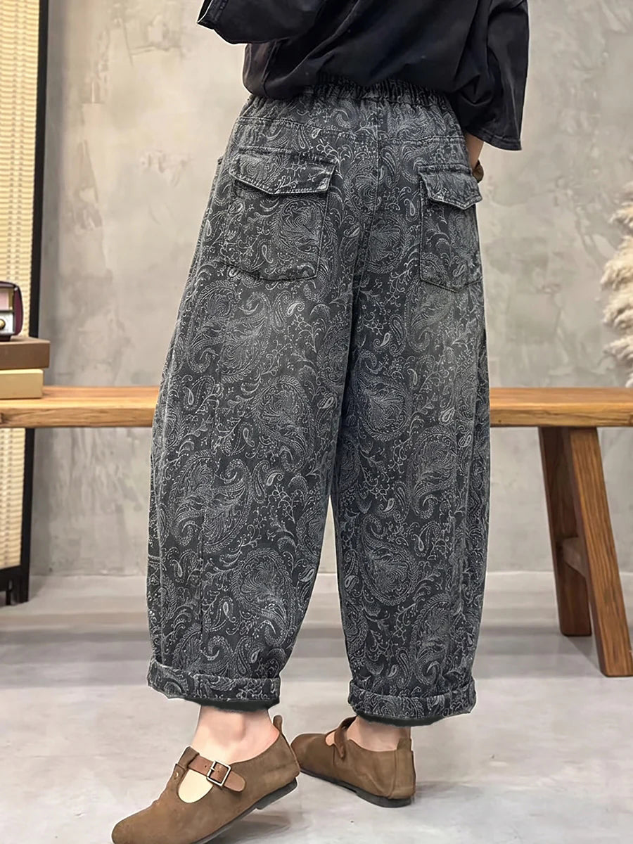 Plus Size Women Retro Flower Denim Fleece-Lined Harem Pants