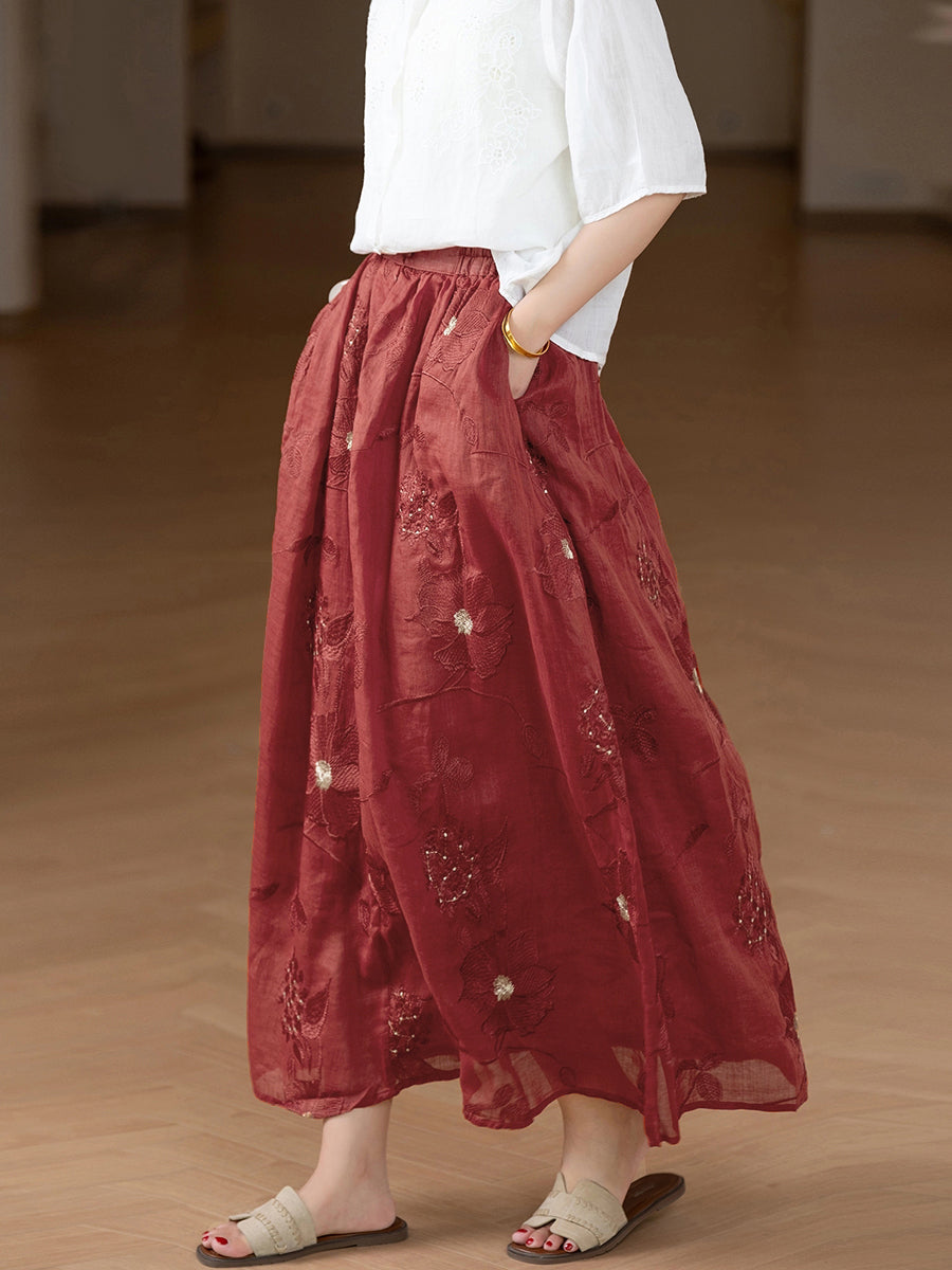 Plus Size Women Summer Artsy Flower Embroidery 100%Ramie Skirt
