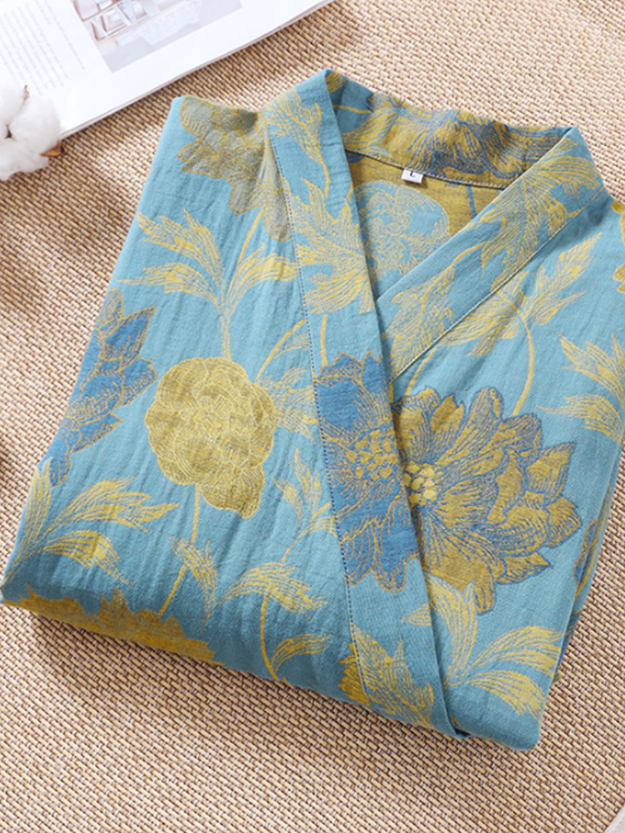 Vintage Floral 100% Cotton Double-Layer Gauze Robe
