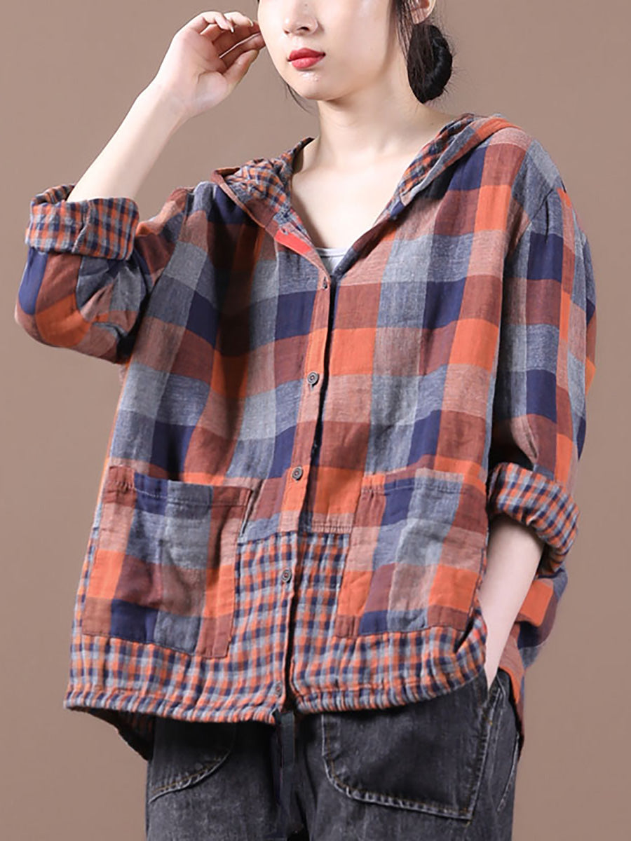 Plus Size Loose Stitching Drawstring Cotton Linen Shirt