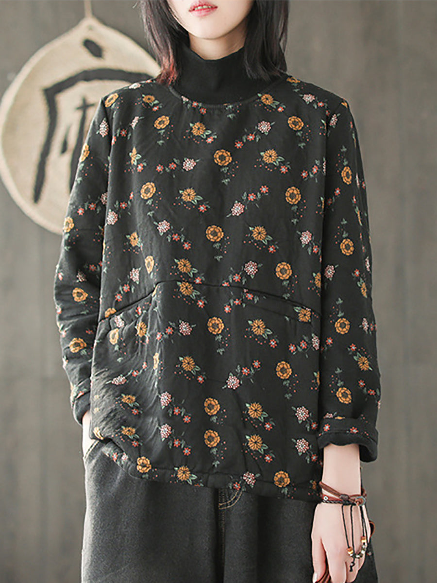 Plus Size Vintage Flower Half-high Collar Spliced Cotton Blouse