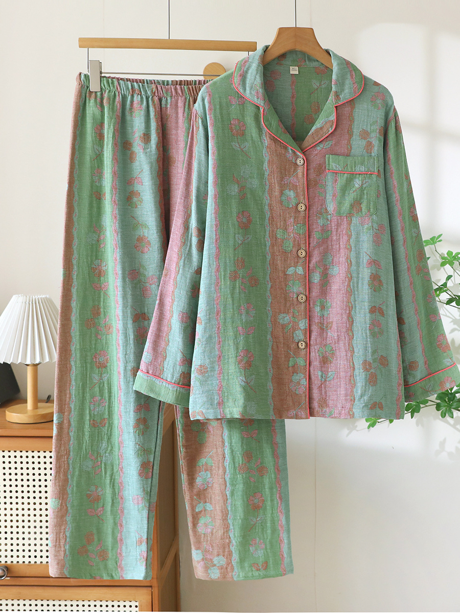 Plus Size Vintage Floral Jacquard Long-Sleeve Pajama Set