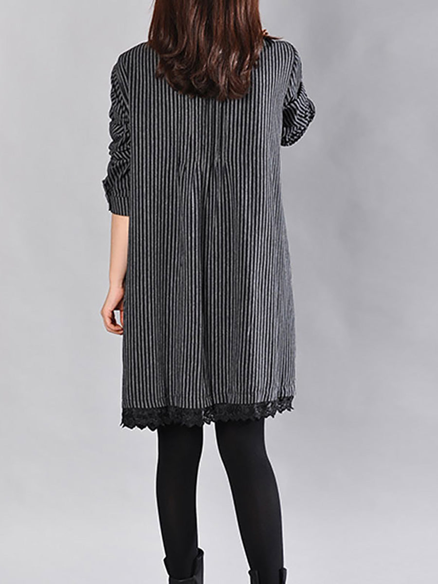 Plus Size Loose Cotton Linen Stripe Lace Hem Shirt Dress