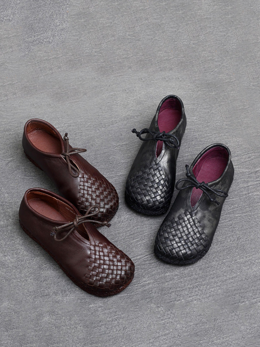 Women Summer Vintage Leather Weave Low Heel Shoes