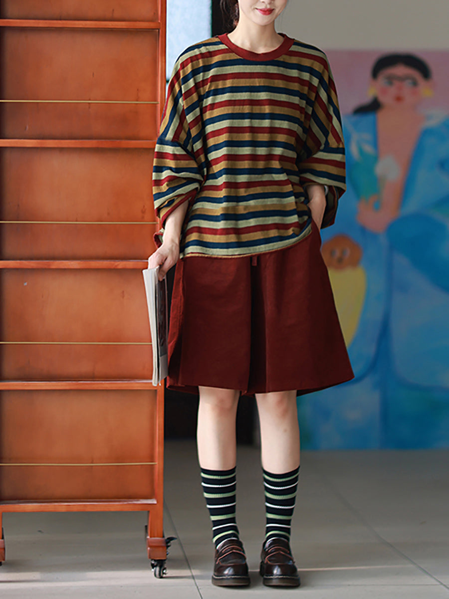 Plus Size Women Autumn Casual Stripe O-Neck 100%Cotton Blouse