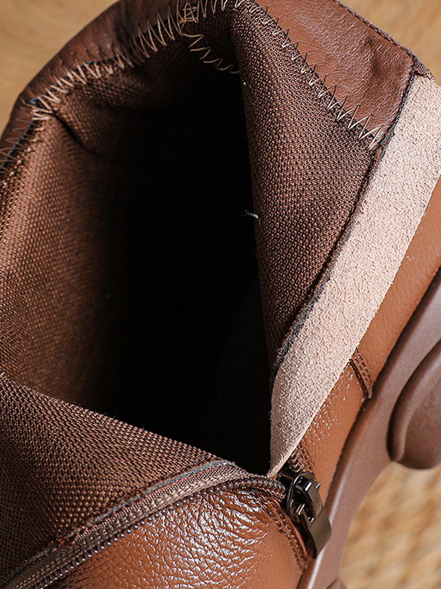 Women Winter Pure Color Leather Mid-Heel Boots