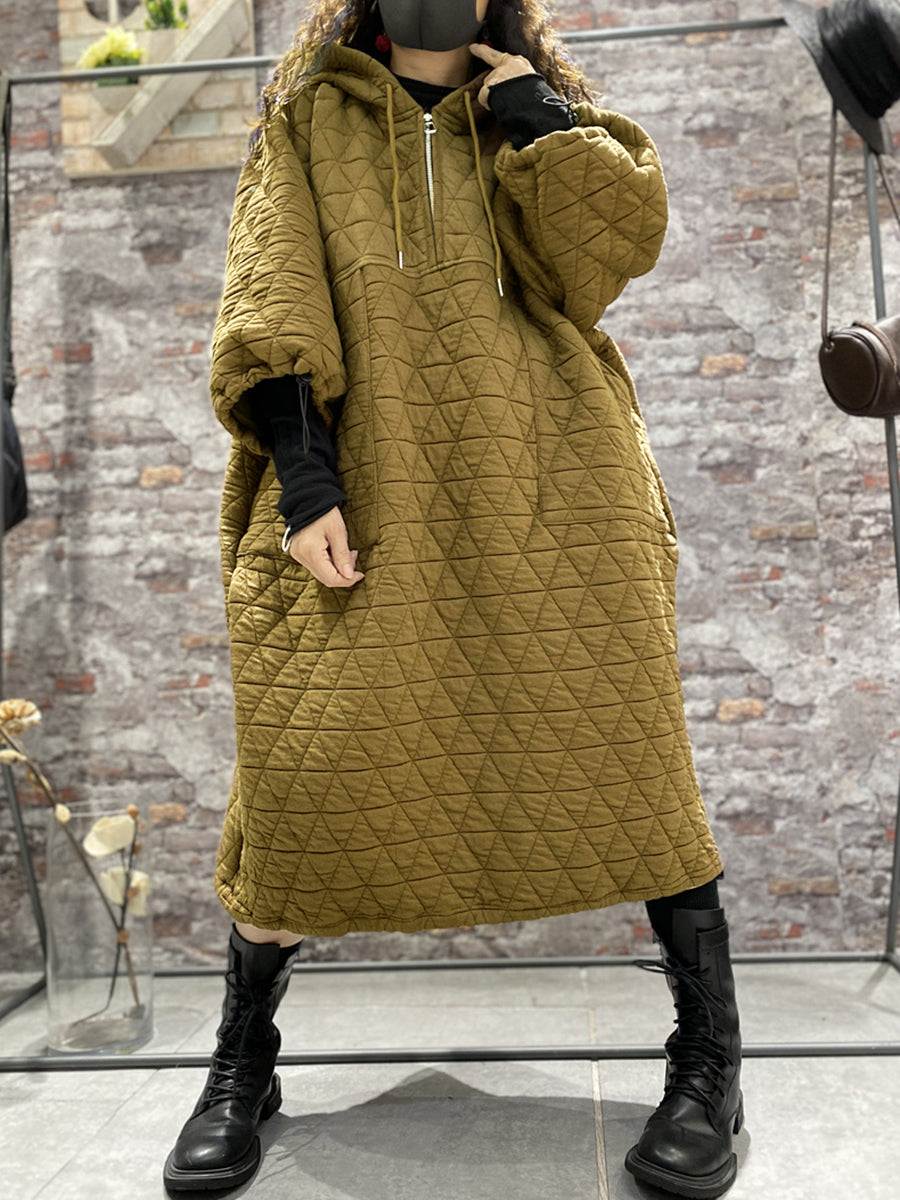 Plus Size Women Winter Quilted Padded Hooded Dress