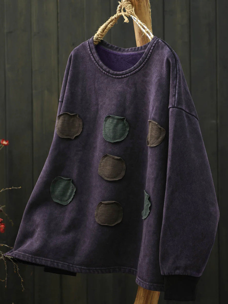 Plus Size Women Autumn Retro Dot Patch 100%Cotton Long Sleeve Shirt
