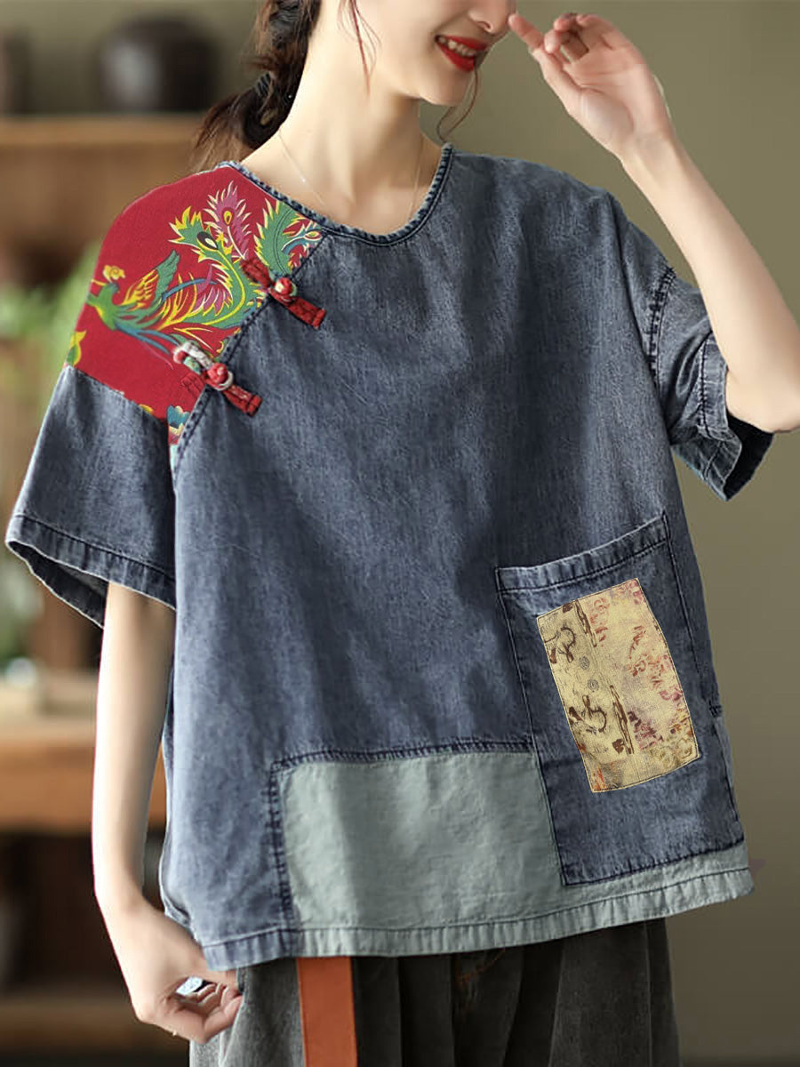 Plus Size Women Summer Vintage Spliced Denim Blouse