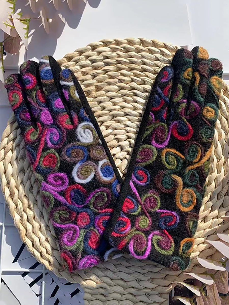 Women Retro Embroidery Warm Cycling Gloves