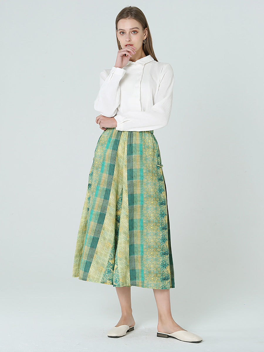 Plus Size Women Elastic Waist Loose Plaid Green Skirt M-2XL