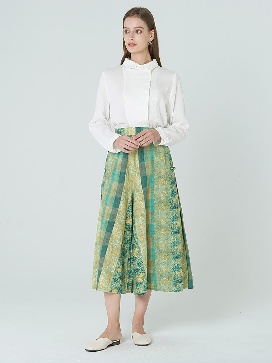 Plus Size Women Elastic Waist Loose Plaid Green Skirt M-2XL