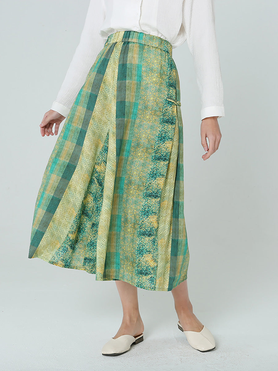 Plus Size Women Elastic Waist Loose Plaid Green Skirt M-2XL