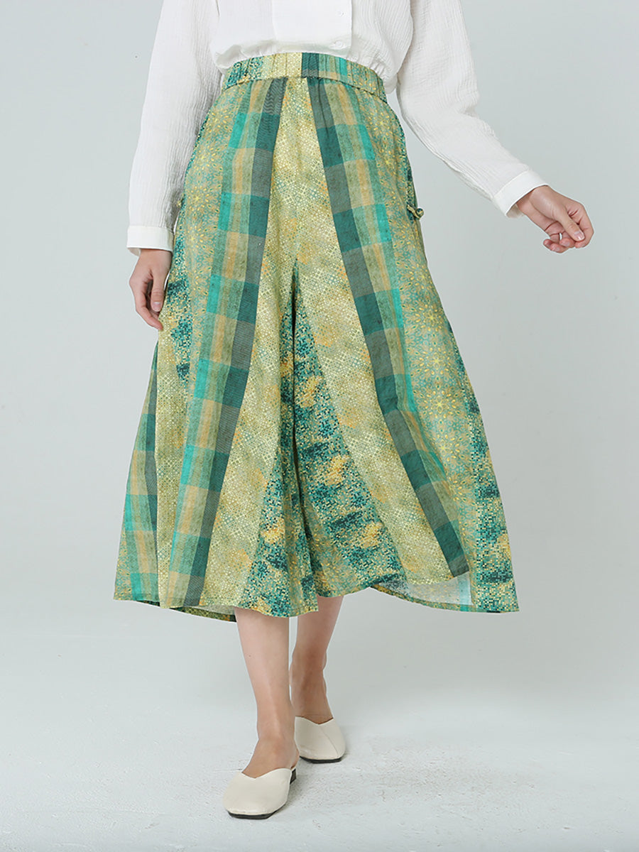 Plus Size Women Elastic Waist Loose Plaid Green Skirt M-2XL