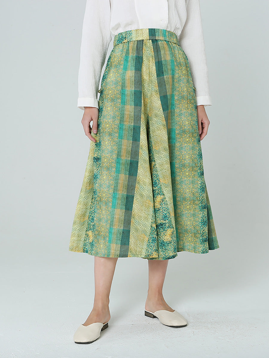 Plus Size Women Elastic Waist Loose Plaid Green Skirt M-2XL