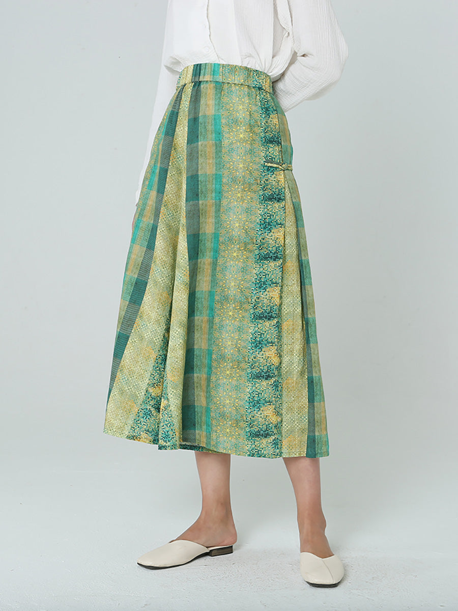Plus Size Women Elastic Waist Loose Plaid Green Skirt M-2XL