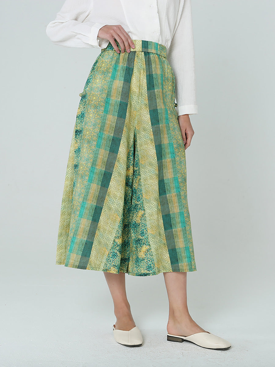 Plus Size Women Elastic Waist Loose Plaid Green Skirt M-2XL