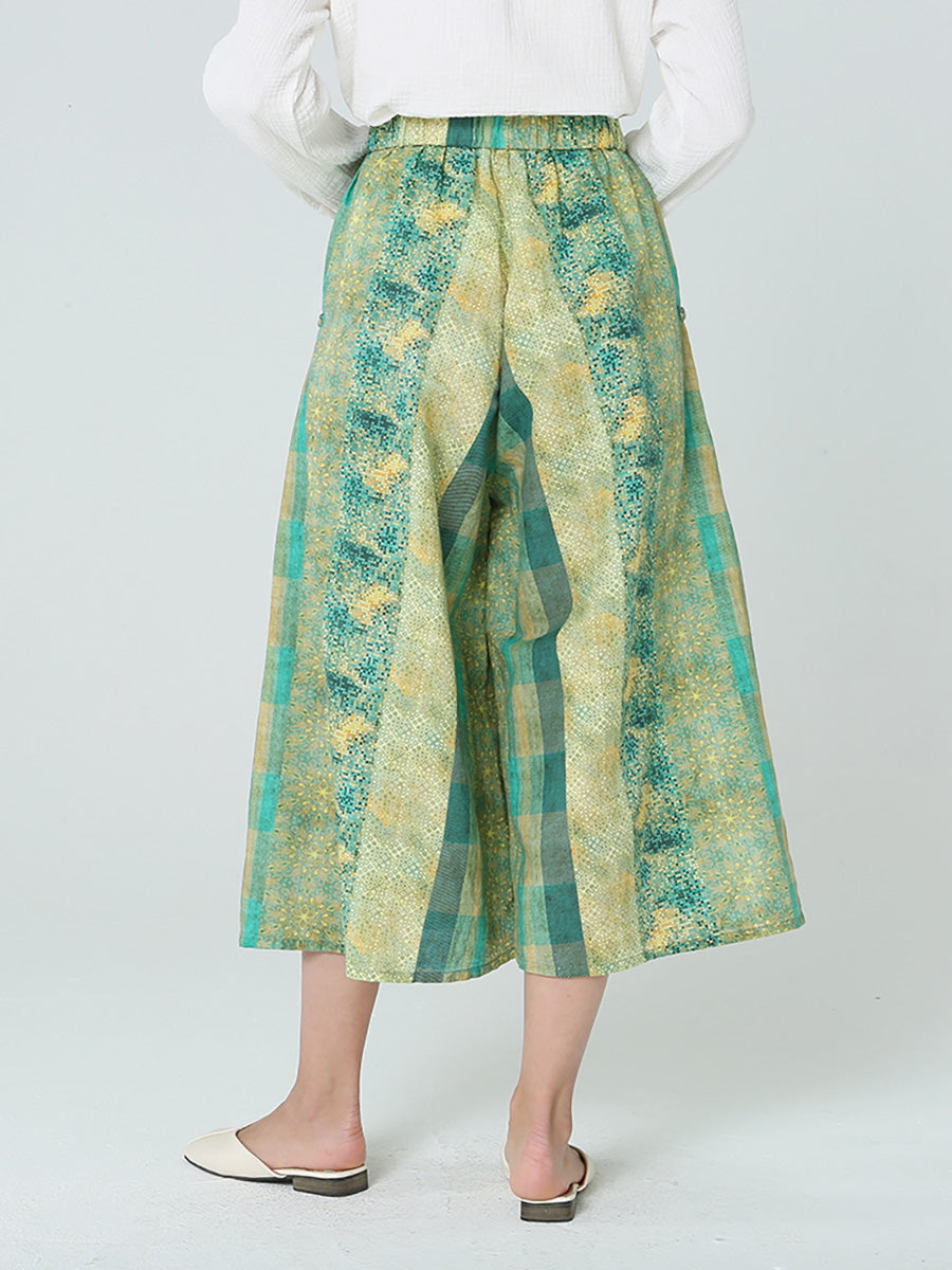 Plus Size Women Elastic Waist Loose Plaid Green Skirt M-2XL