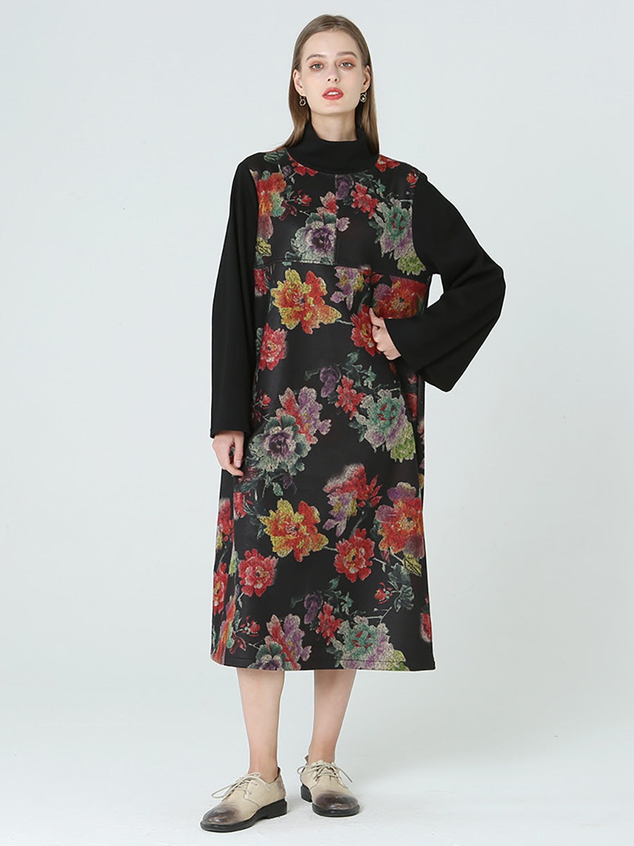 Plus Size Floral Prints Turtleneck Long Sleeve Winter Dress