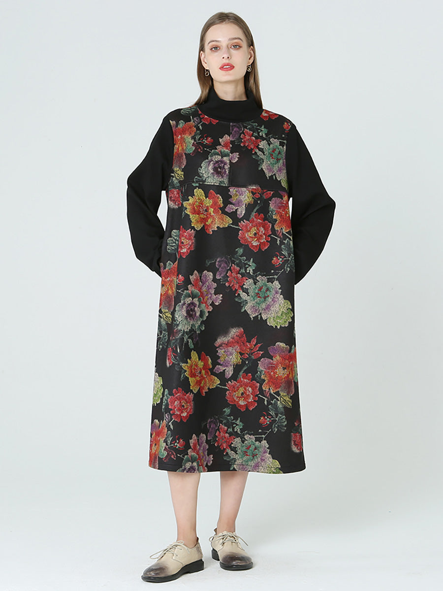Plus Size Floral Prints Turtleneck Long Sleeve Winter Dress
