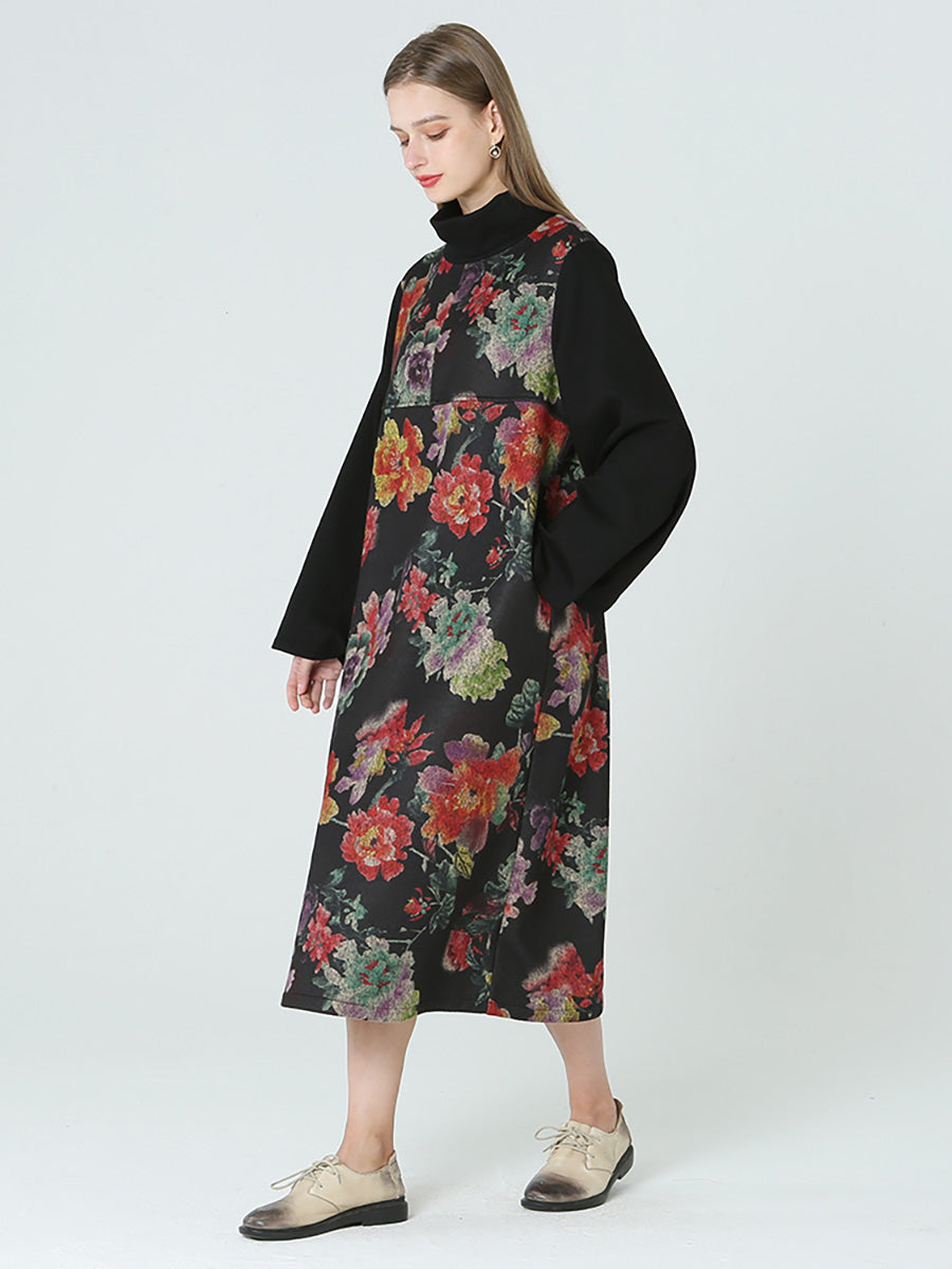 Plus Size Floral Prints Turtleneck Long Sleeve Winter Dress