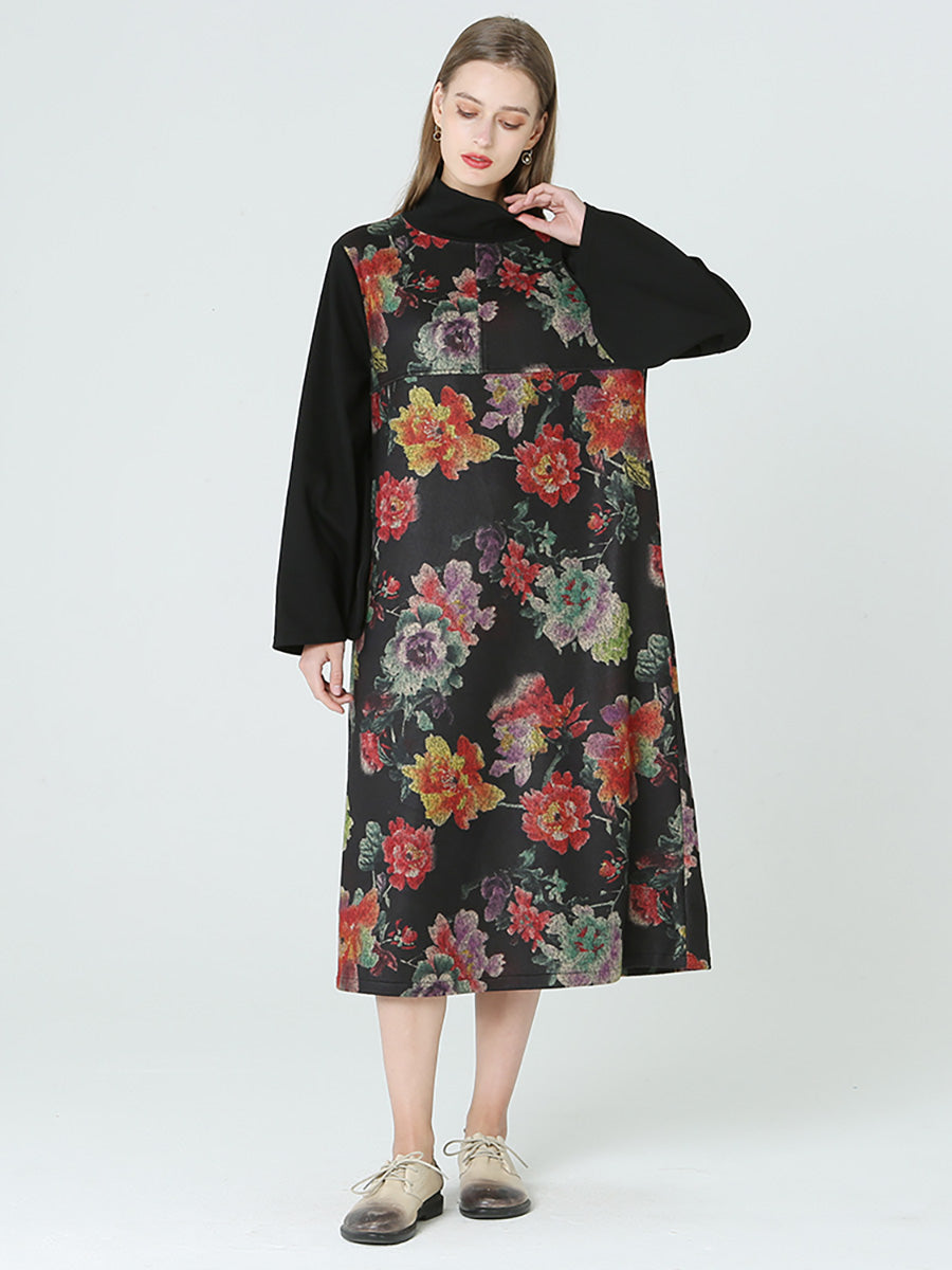 Plus Size Floral Prints Turtleneck Long Sleeve Winter Dress