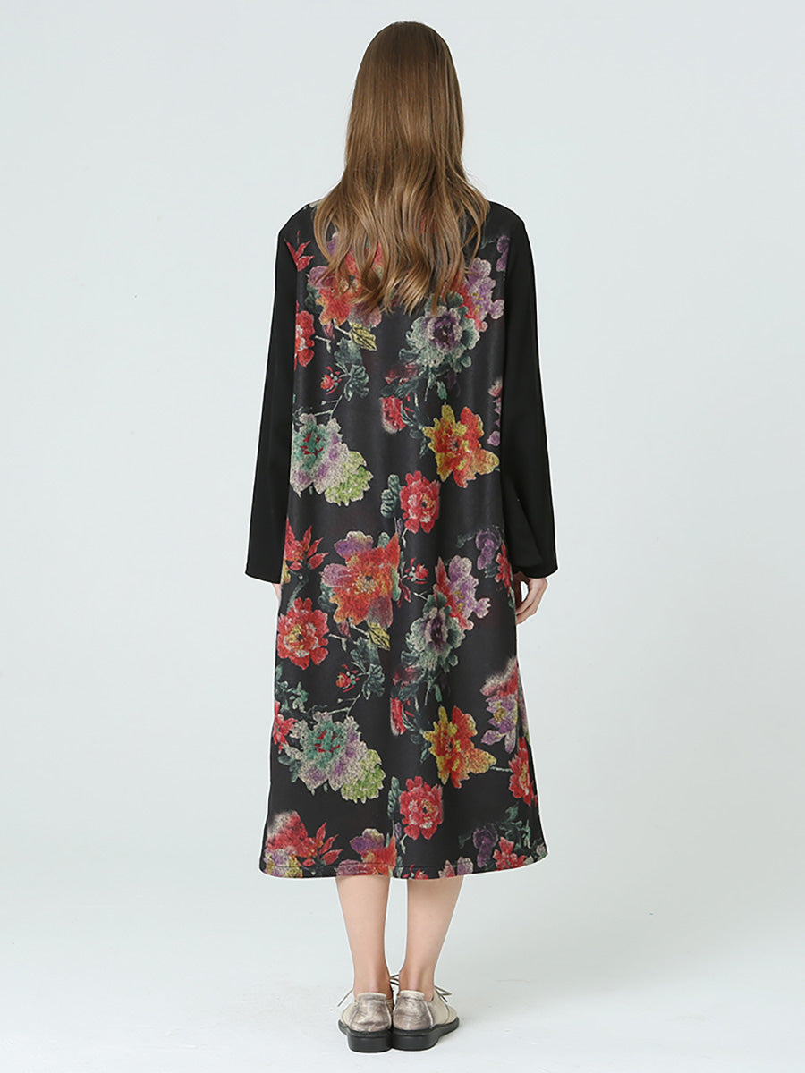 Plus Size Floral Prints Turtleneck Long Sleeve Winter Dress