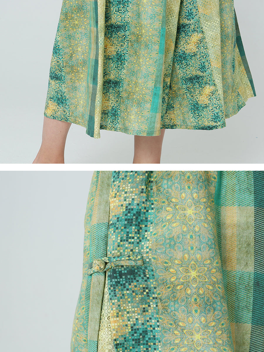 Plus Size Women Elastic Waist Loose Plaid Green Skirt M-2XL