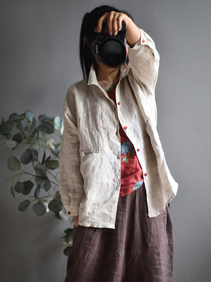 Plus Size Women Casual Solid Spring Stitching Linen Shirt