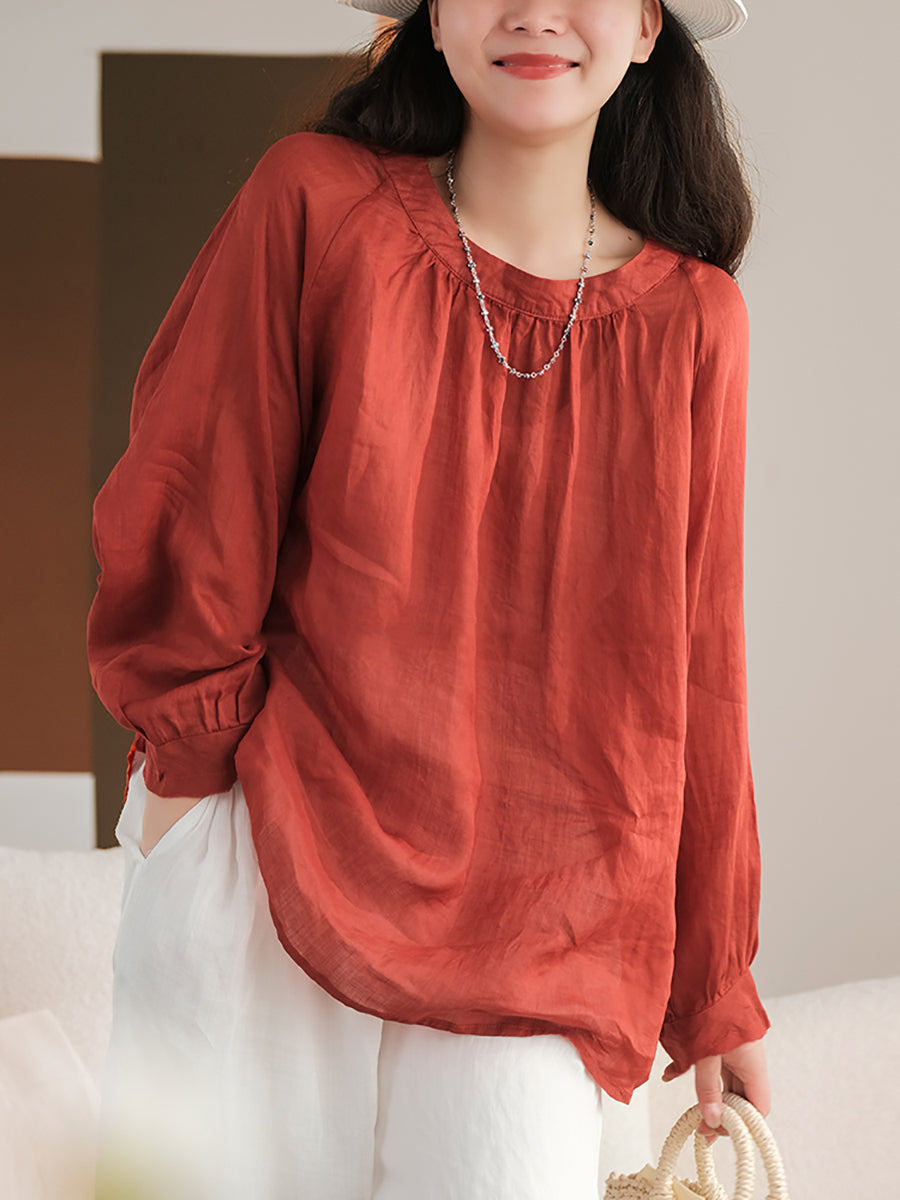 Plus Size Women Summer Solid Vintage Full Sleeve Ramie Blouse
