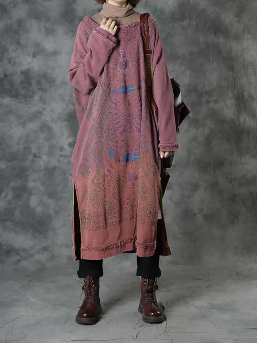 Plus Size Women Autumn Ethnic Tribal Print O-Neck Loose Cotton Dress